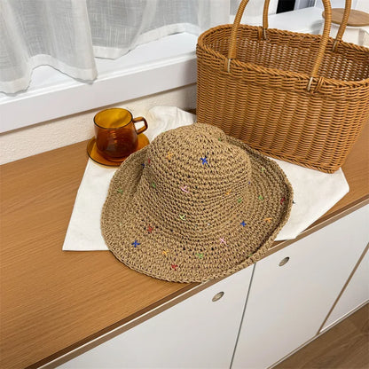 Hand Crocheted Colorful Straw Summer Bucket Hat