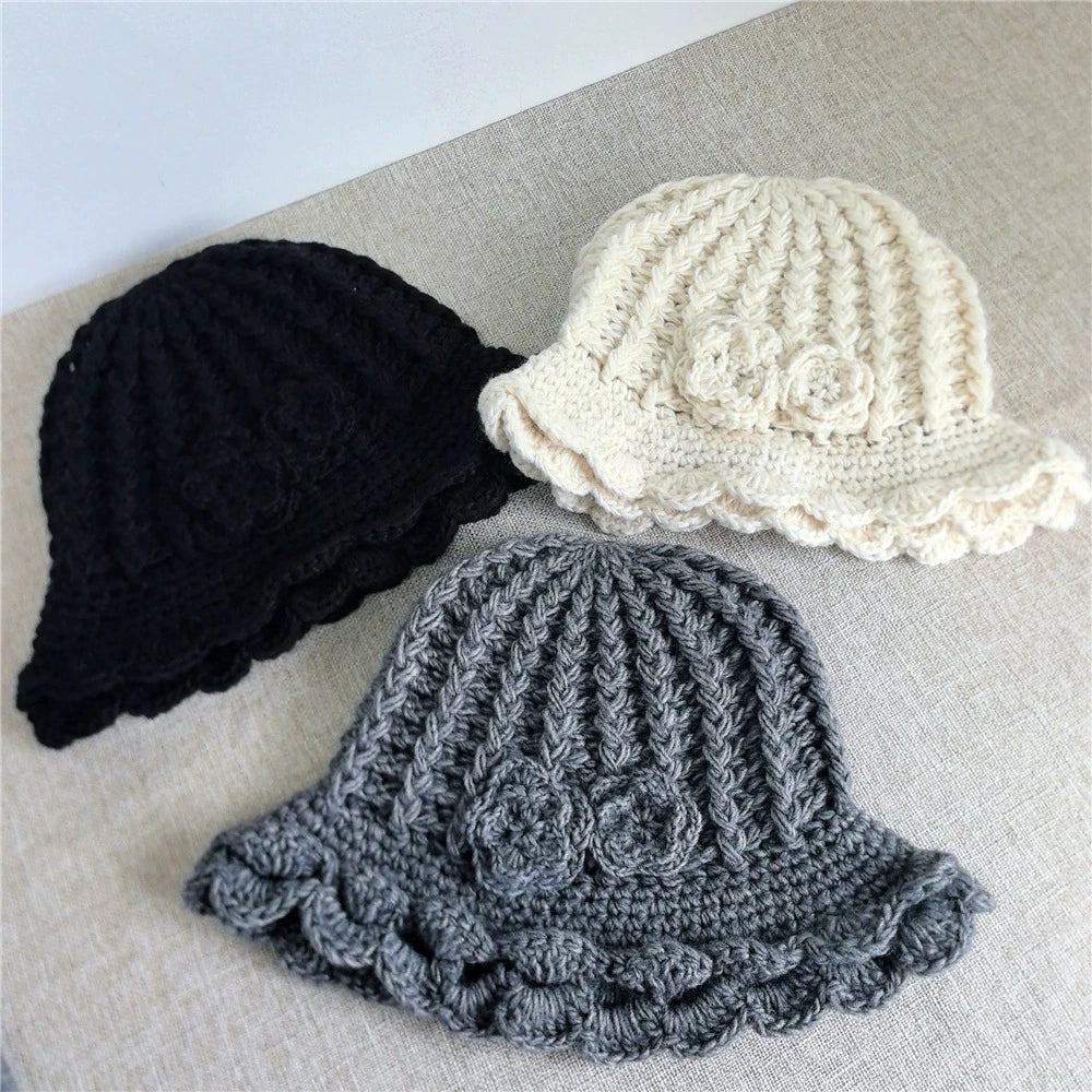 Winter Warm Crochet Woolen Flower Bucket Hat