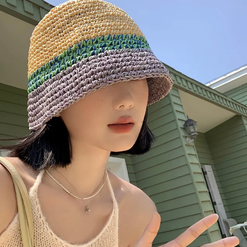 Knitted Mix Color Crochet Travel Women Bucket Hat