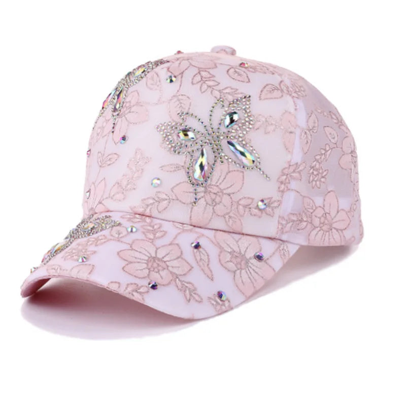 Women Flower Butterfly Rhinestone Lace Baseball Cap