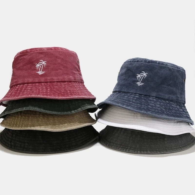 Vintage Washed Palm Tree Embroidery Outdoor Hiking Bucket Hat