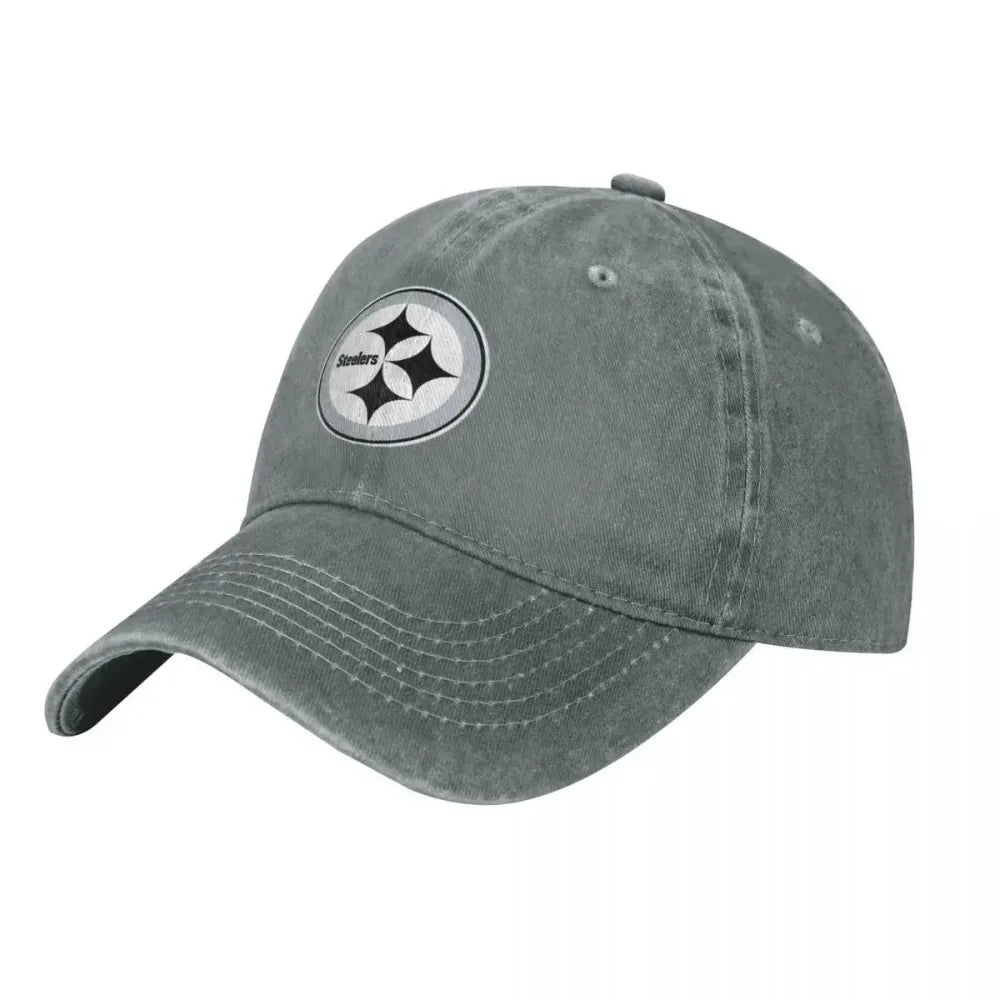 Black and White Steeler Logo Washed Denim Baseball Cap