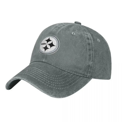 Black and White Steeler Logo Washed Denim Baseball Cap