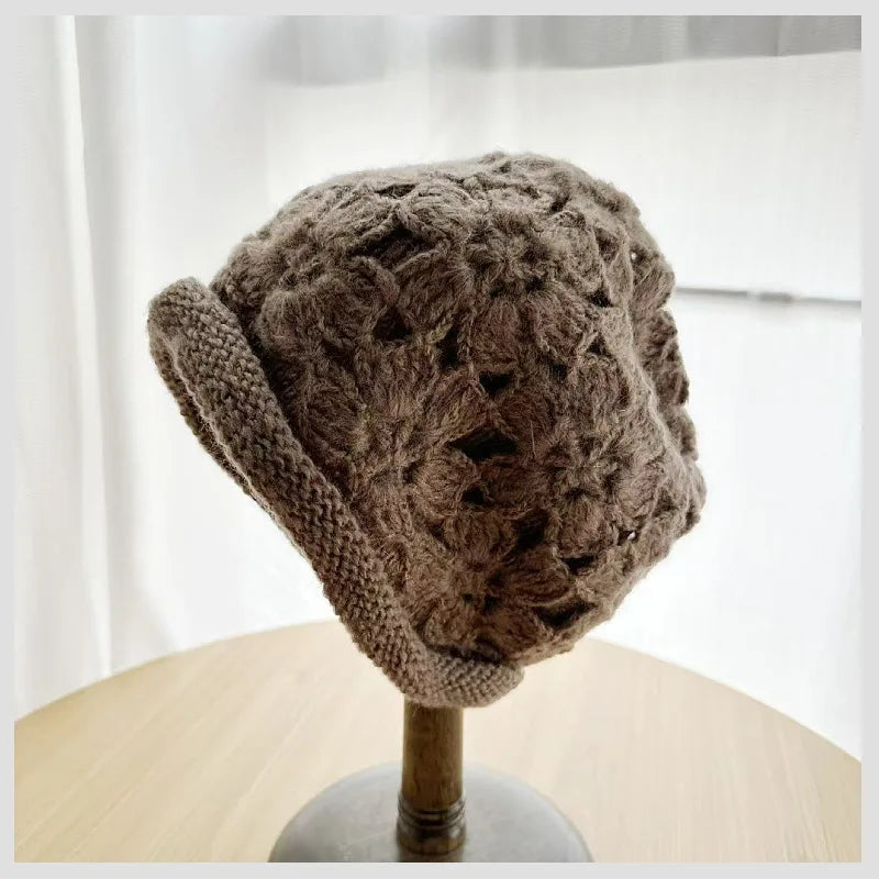 Korean Winter Handmade Floral Crochet Bucket Hat