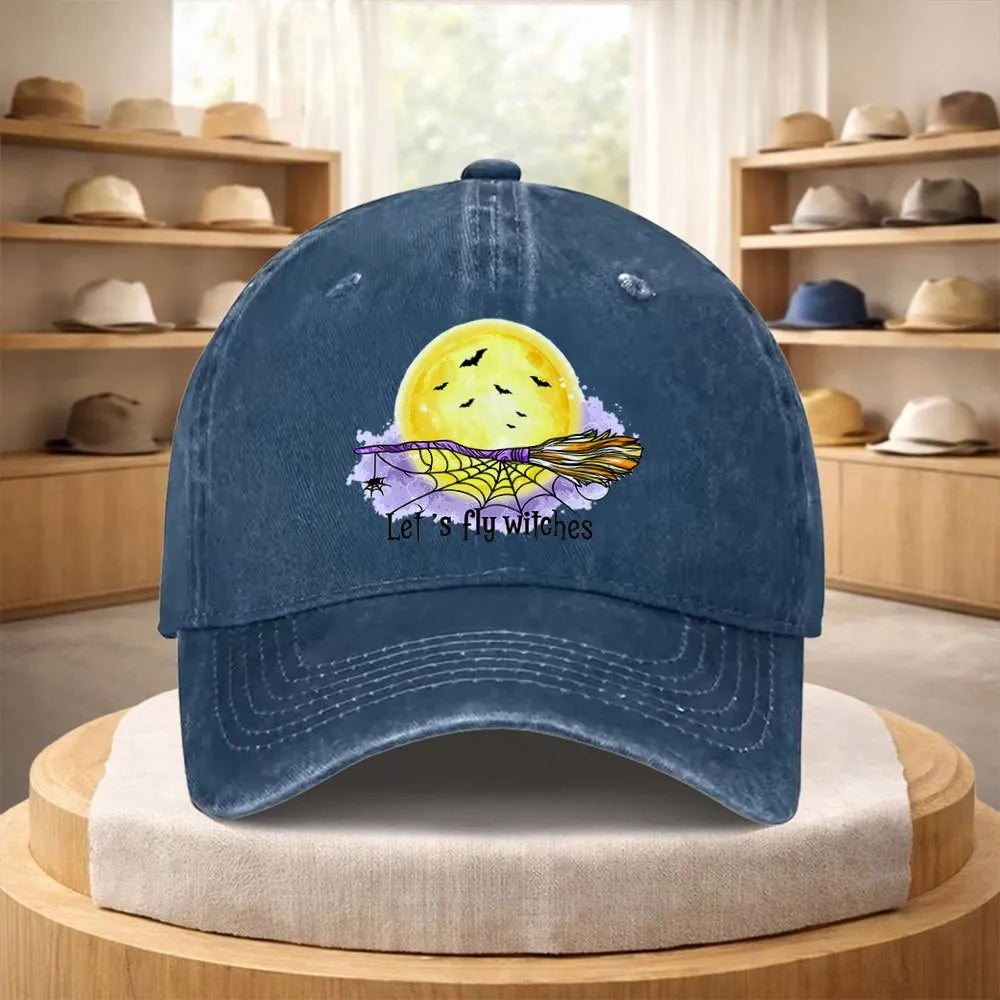 Witch Broom Moon Night Denim Baseball Cap