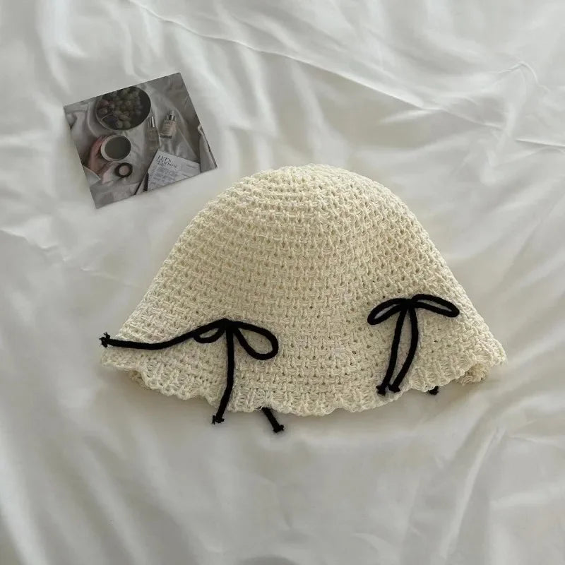 Korean Ins Bow Sweet Straw Summer Bucket Hat