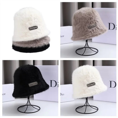 Korean Iron Letter Rabbit Fur Bucket Hat