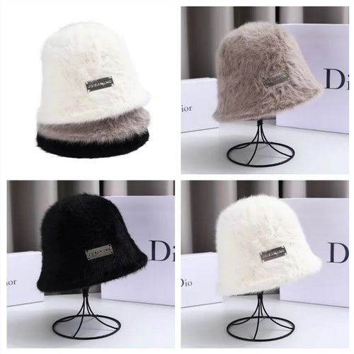 Korean Iron Letter Rabbit Fur Bucket Hat