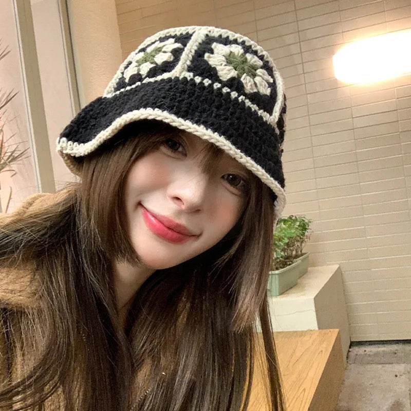 New Korean Handmade Crochet Flower Bucket Hat