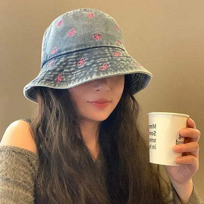 Pink Butterfly Embroidery Washed Denim Summer Bucket Hat