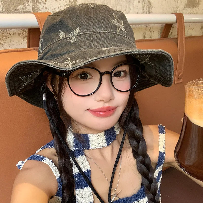 Korean Retro Star Embroidery Washed Denim Bucket Hat