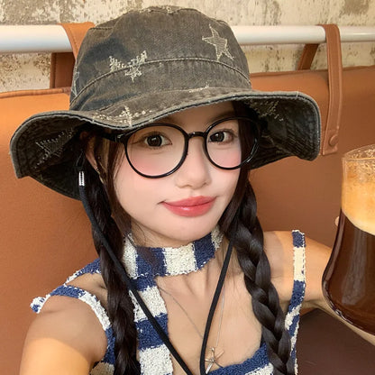 Korean Retro Star Embroidery Washed Denim Bucket Hat