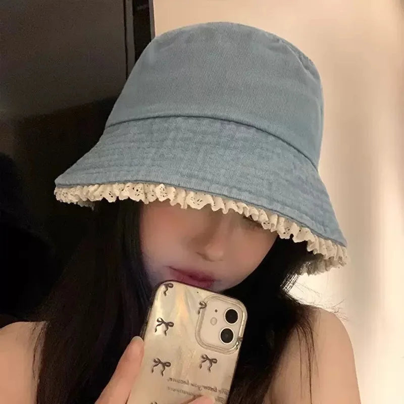 Lace Ruffle Denim Korean Wide Brim Bucket Hat
