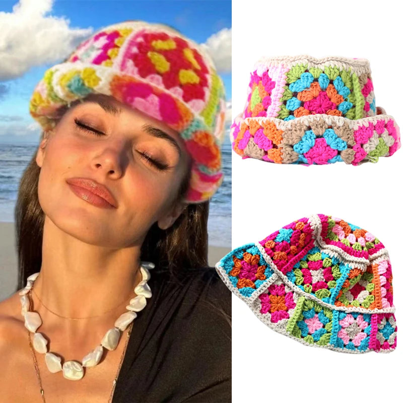 Y2K Crochet Vintage Flower Knitted Bucket Hat