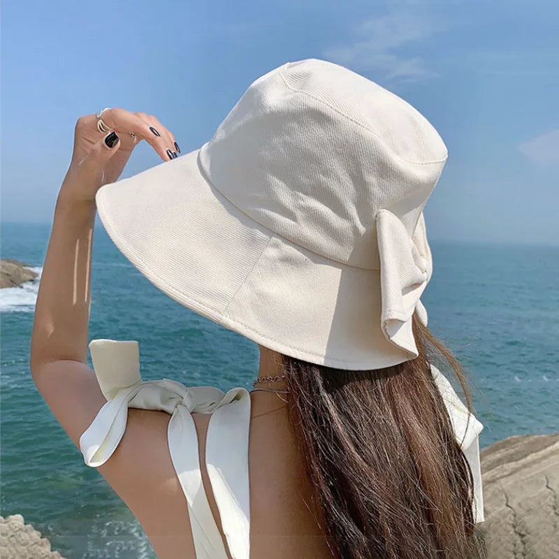 Women Big Bowknot Wide Brim Panama Bucket Hat