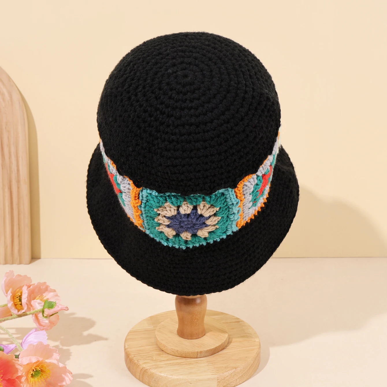 Black Knitted Wide Brim Flower Patch Bucket Hat
