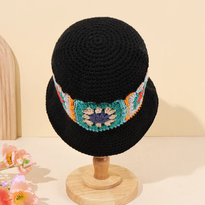Black Knitted Wide Brim Flower Patch Bucket Hat