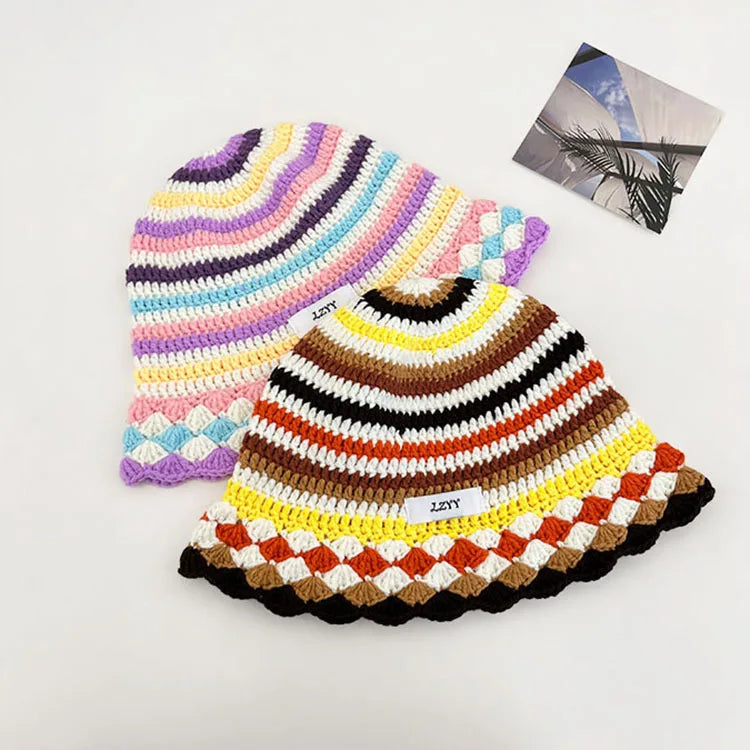 Korean Color Block Striped Knitted Fisherman Bucket Hat