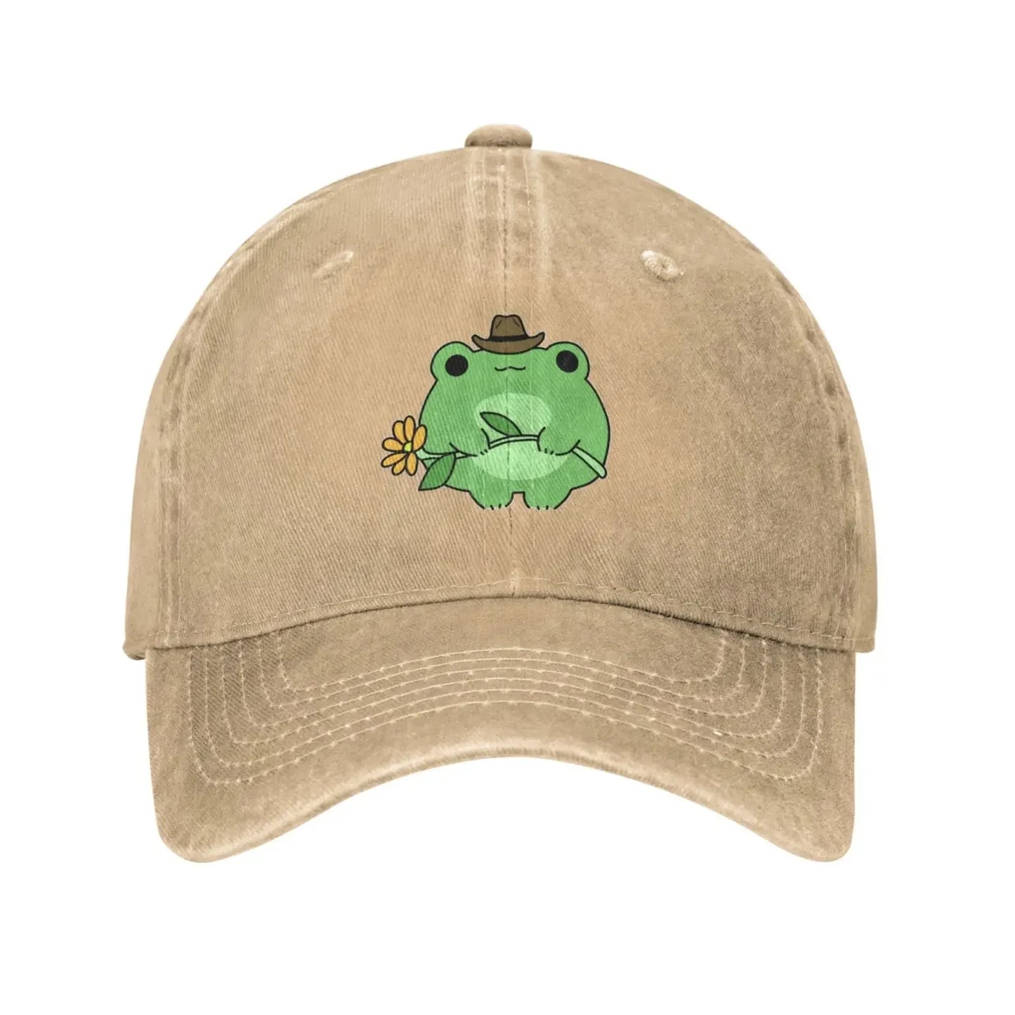 Cute Frog Flower Washed Denim Adjustable Baseball Cap