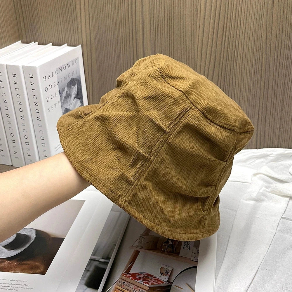 Korean Corduroy Warm Elastic Bucket Hat With Back Slit