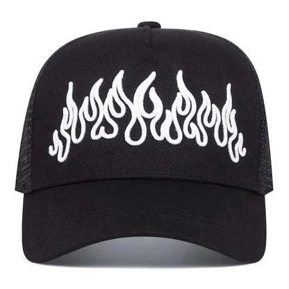 Flame Embroidered Mesh Hip Hop Baseball Hat