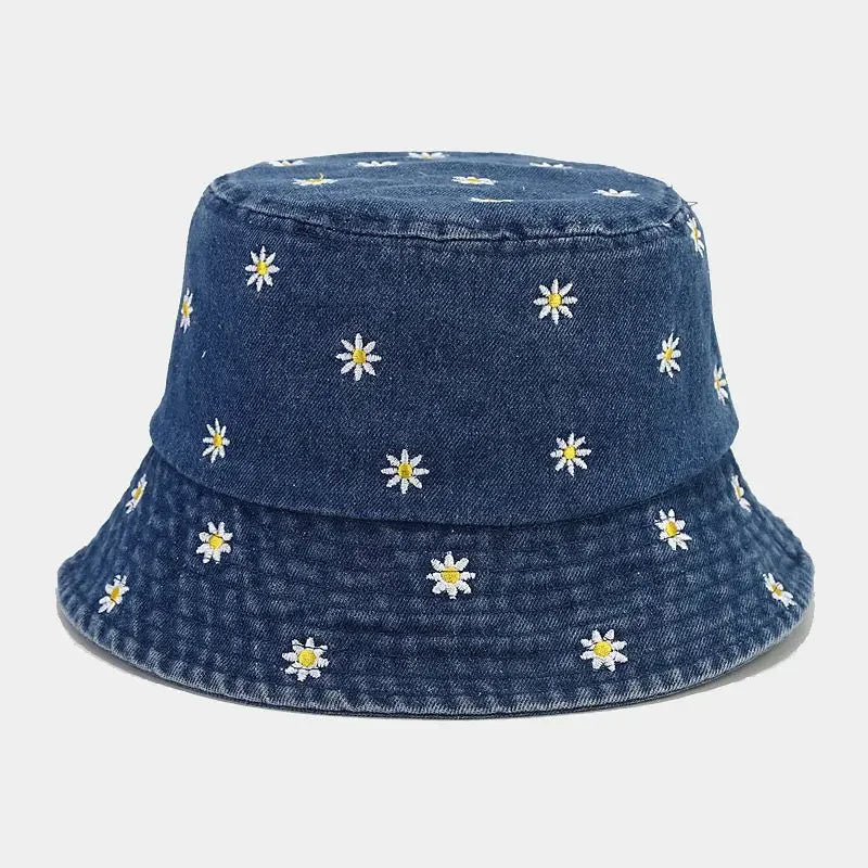 Denim Flower Embroidered Bucket Hat