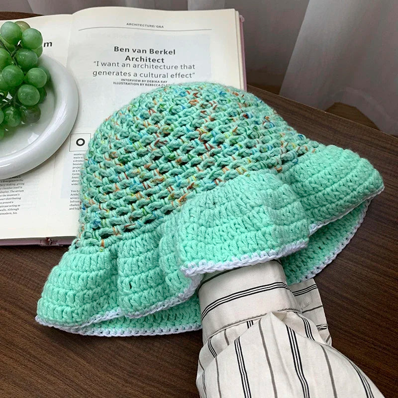 Dopamine Contrast Color Knitted Breathable Women Bucket Hat