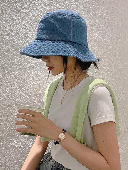 Retro Washed Denim Wide Brim Bucket Hat