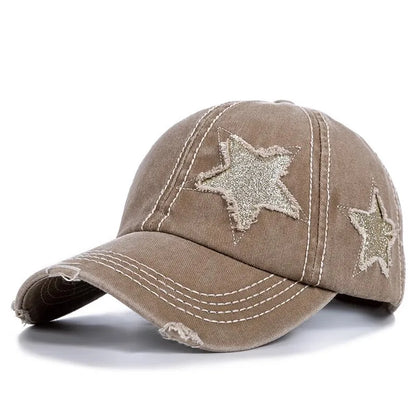 Distressed Star Curved Brim Ponytail Baseball Cap