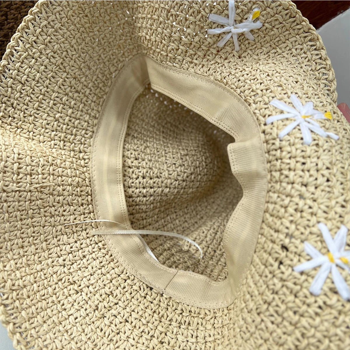 Summer Crochet Straw Flower Embroidered Bucket Hat