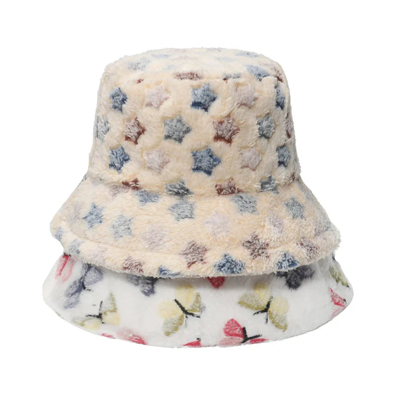 Women Butterfly Fleece Winter Bucket Hat