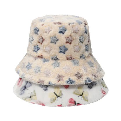 Women Butterfly Fleece Winter Bucket Hat
