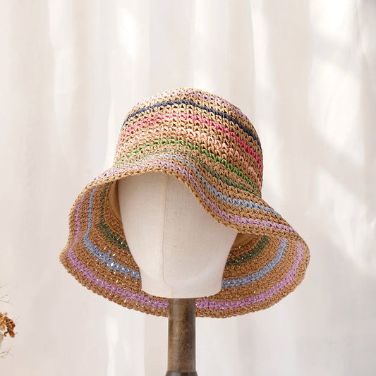 Women Rainbow Straw Crochet Sun Bucket Hat