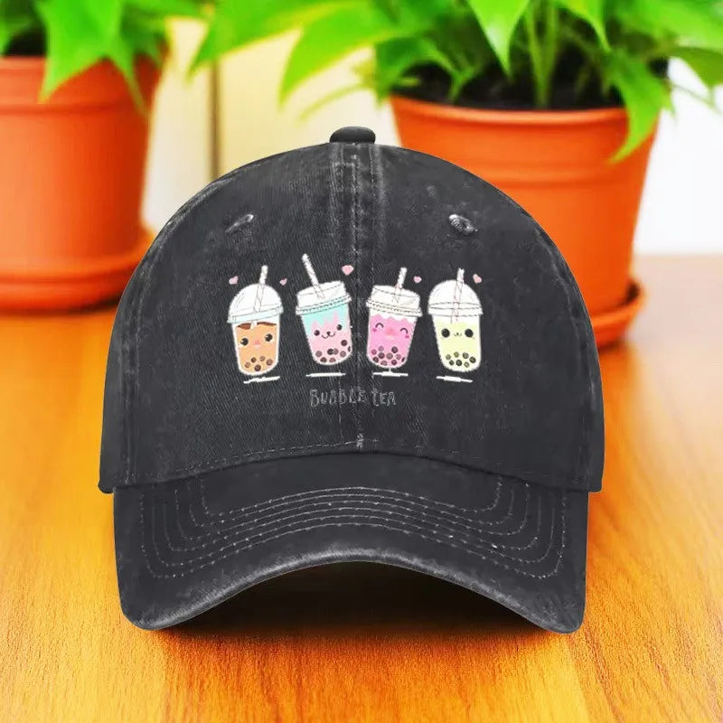 Cute Milk Tea Print Denim Baseball Cap