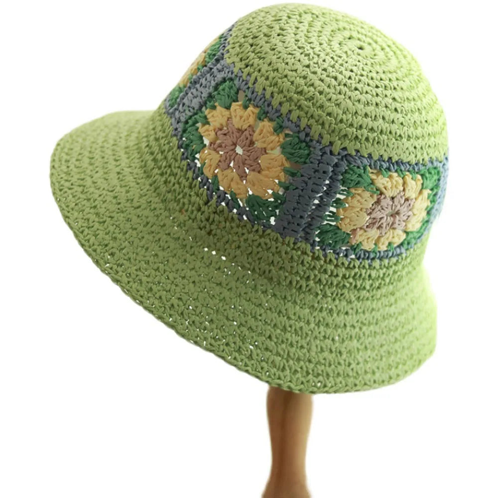 Women Crochet Straw Beach Fisherman Bucket Hat