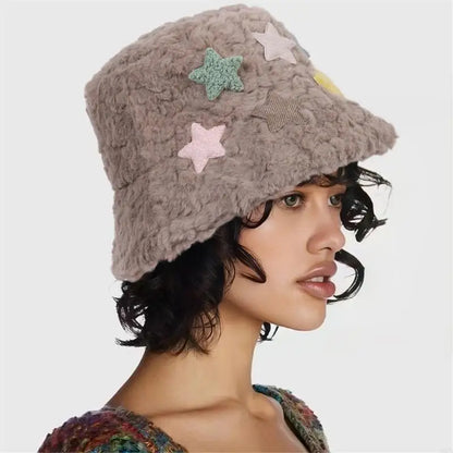Womens Winter Star Warm Plush Bucket Hat