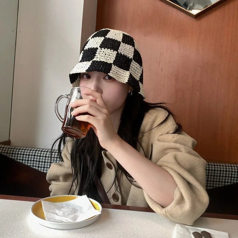 Korean Handmade Crochet Plaid Fisherman Bucket Hat