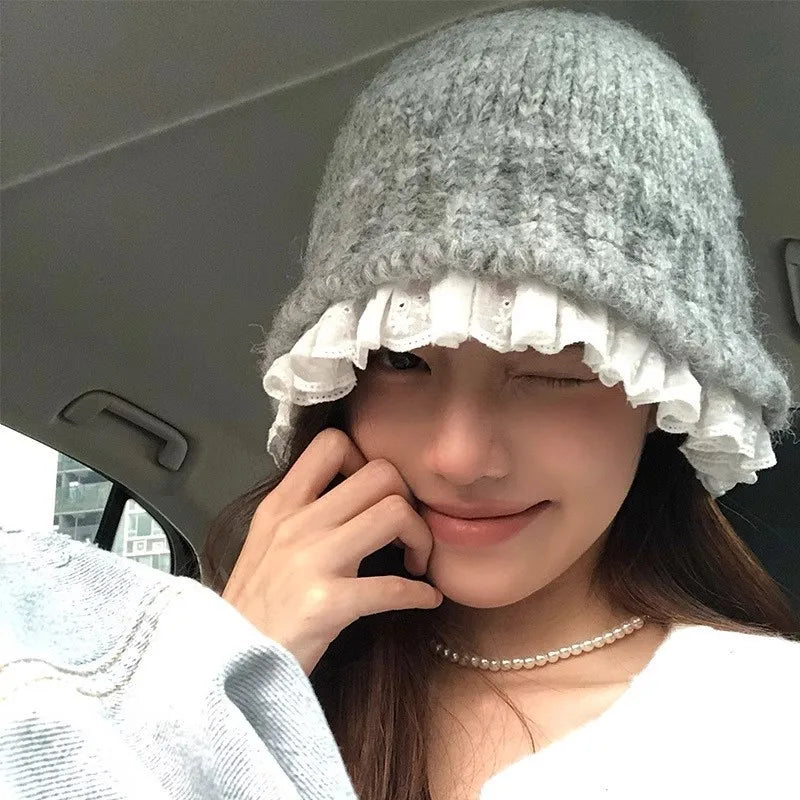 Korean Lace Knit Cute Bucket Hat