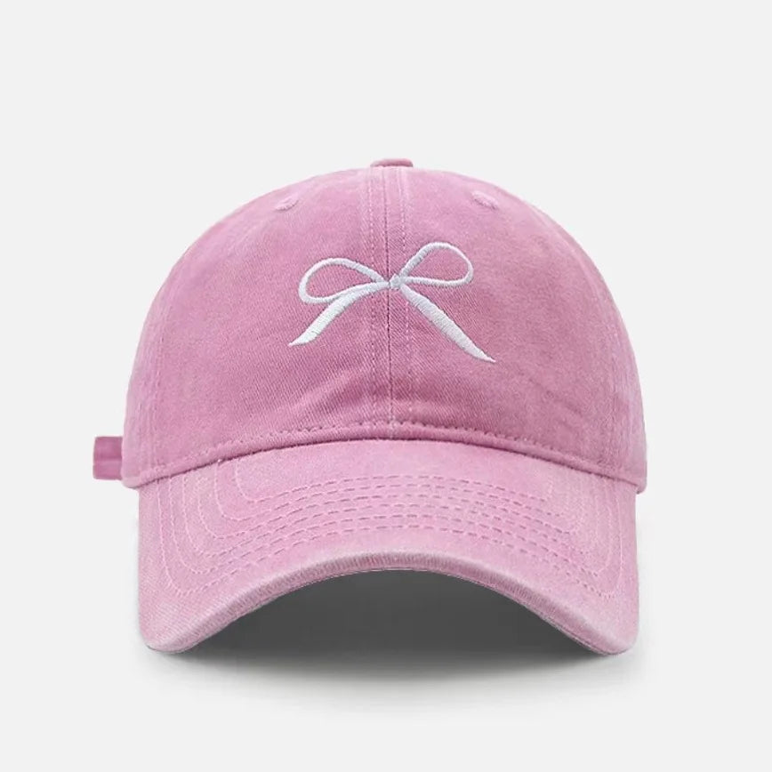 Women Bow Embroidered Washed Baseball Cap