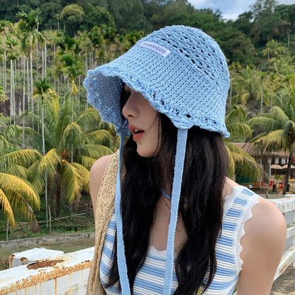 Womens Blue Woven Fisherman Large Brim Bucket Hat