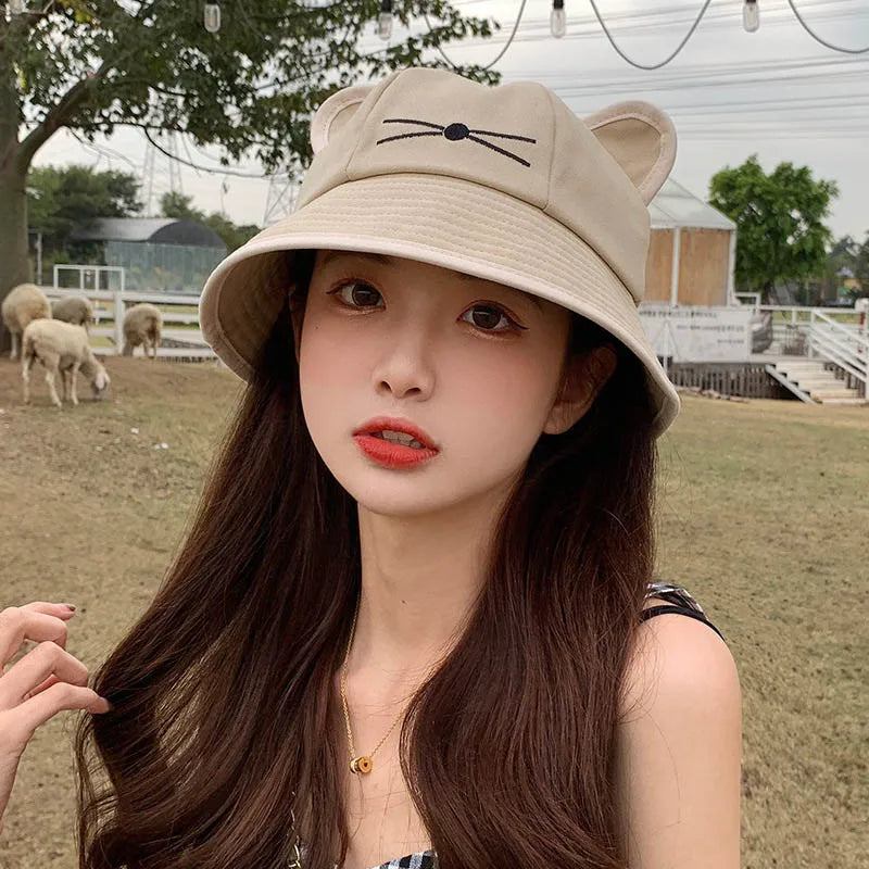 Kawaii Cat Ear Cotton Bucket Hat – Unisex Y2K Summer Cap