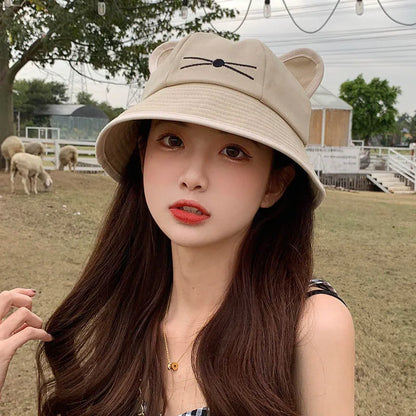 Kawaii Cat Ear Cotton Bucket Hat – Unisex Y2K Summer Cap