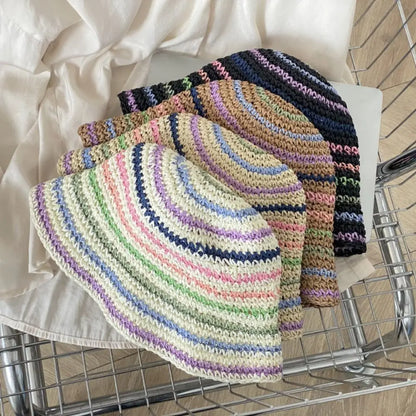 Korean Handmade Rainbow Striped Straw Bucket Hat