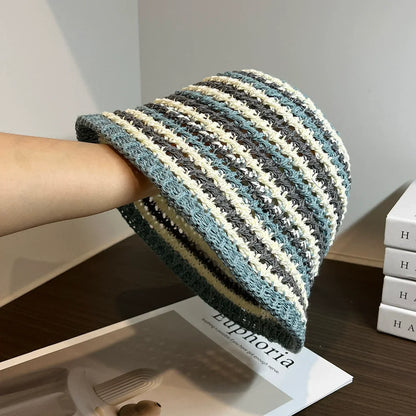 Handmade Stripe Foldable Fashion Straw Bucket Hat