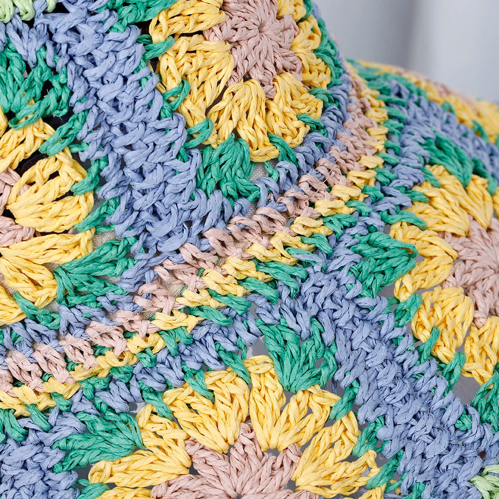 Womens Crochet Straw Foldable Summer Bucket Hat