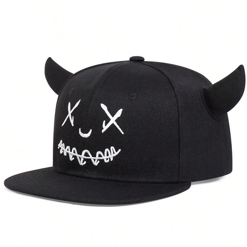 Smiling Face Cow Horn Snapback Cap