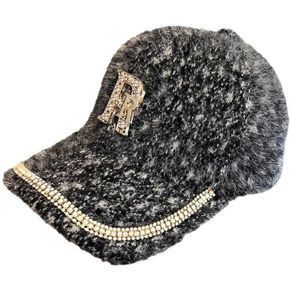 Rhinestone Alphabet Mink Fur Kids Baseball Cap