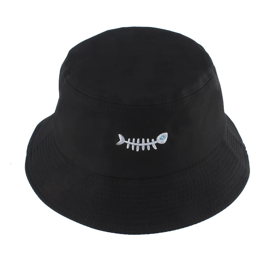 Fish Bone Embroidered Street Hip Hop Bucket Hat