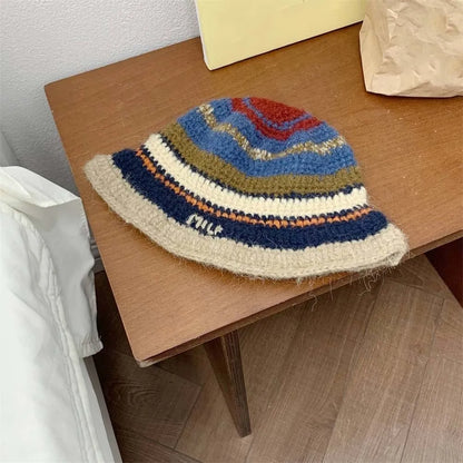 Korean Striped Warm Knitted Bucket Hat