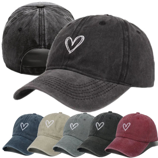 Women's Love Heart Embroidery Washed Cotton Baseball Cap
